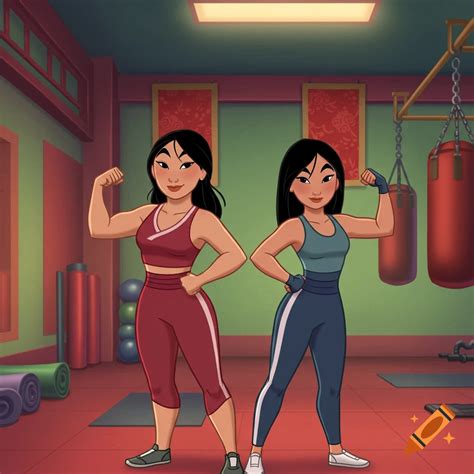 Cartoon image of Mulan and her mother in a gym, both flexing their ...