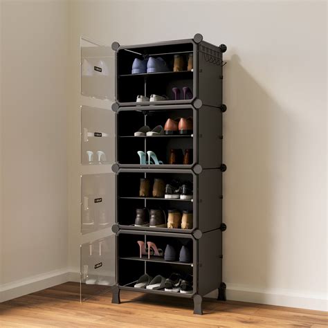 BOXJOY Hard Plastic 8 Shelf Vertical Black Shoe Rack with Transparent