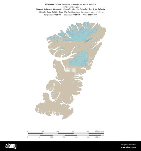 Ellesmere Island in the Baffin Bay, belonging to Canada, isolated on a topographic, OSM standard ...