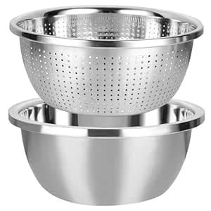 2PCS 304 Stainless Steel Colander with Mixing Bowl 11Qt Metal Rice ...