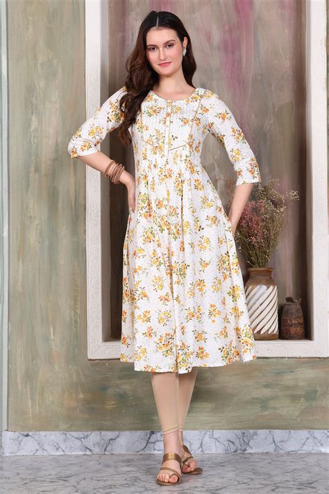 Buy White Floral Printed A-line Kurta with Zari Embroidery Online for ...