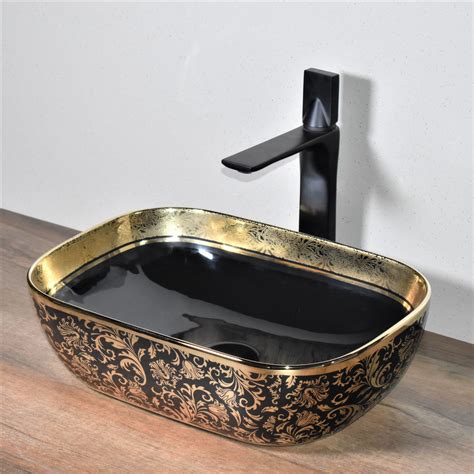 B Backline Ceramic Table Top, Counter Top Wash Basin Black Gold Color