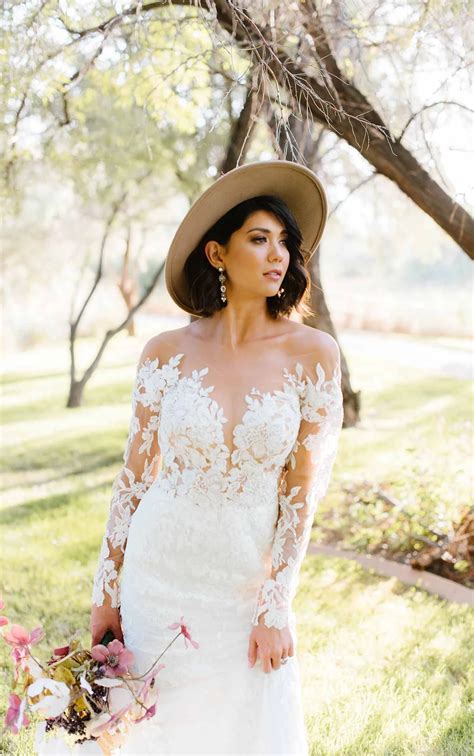Sheer Floral Lace Wedding Dress with Long Sleeves - Essense of Australia Wedding Dresses
