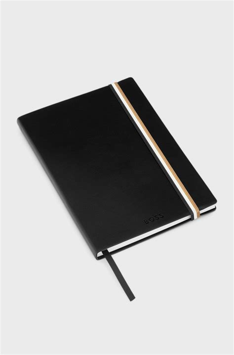 BOSS - Black faux-leather A5 notebook with signature-stripe strap - Black