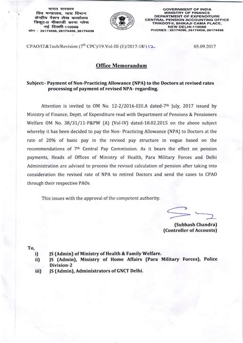 Payment of Non-Practicing Allowance (NPA) to the Doctors at revised ...