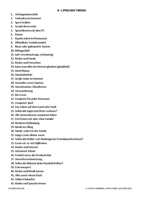 Themen für B1 Deutsch: Wohngemeinschaft, Sport, Internet und mehr - Studocu