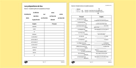 Place Prepositions Worksheet | French Grammar Exercises PDF