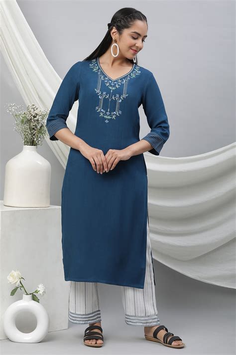 Buy Blue Embroidered Rayon Straight Kurta Online for Woman | Shop for ...