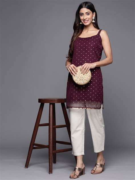 Burgundy Polka Dots Printed Net Tunic With Lace Inserts