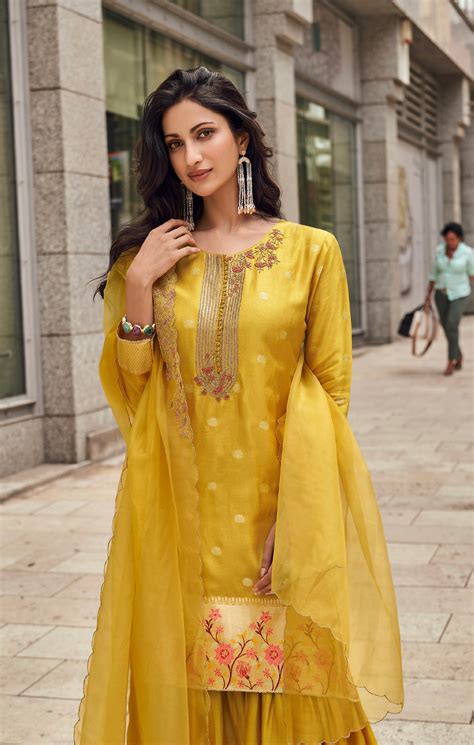 Yellow Floral Embroidered Sharara Suit – Anant Tex Exports Private Limited