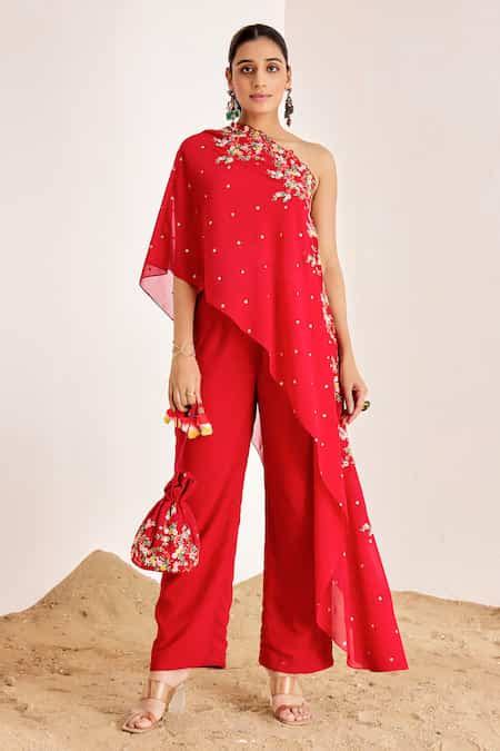 Buy Red Georgette Embroidery, Sequins, Beads One Shoulder Floral Top ...