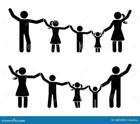 Stick Figure Hands Up Happy Family Icon Set..Parents and Children ...