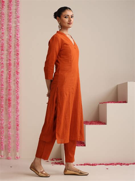 Terracotta Cotton Slub Kurta Set for Women | 2 Pc Co-ord with V-Neck