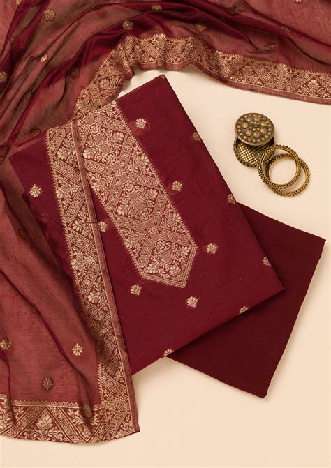 Buy Maroon Zariwork Soft Silk Unstitched Salwar Suit - Koskii