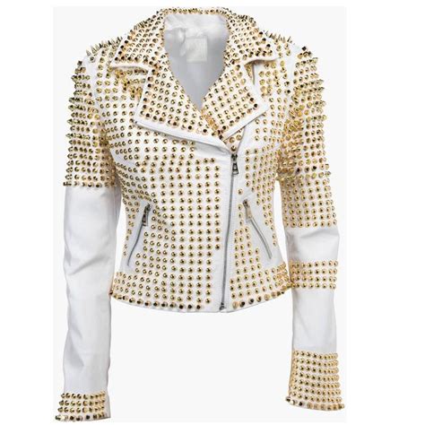 Golden Studded Leather White Jacket Women | Punk Jacket