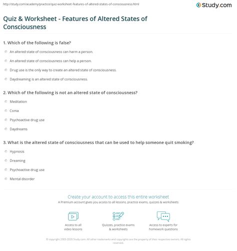Quiz & Worksheet - Features of Altered States of Consciousness | Study.com