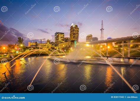 Fountains and the Charlotte Skyline at First Ward Park at Night, in ...