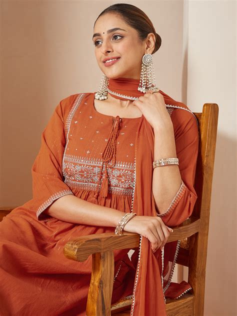 Janasya Women's Orange Pure Cotton Embroidered A-line Kurta Set