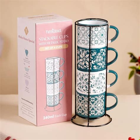 Buy Nestasia Stackable Ceramic Cups Set of 4 (240 ml Each) | Microwave ...