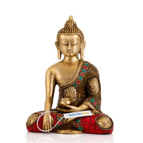 Buy CraftVatika 8" Large Buddha Brass Statue Gemstone Work Bhumisparsha ...