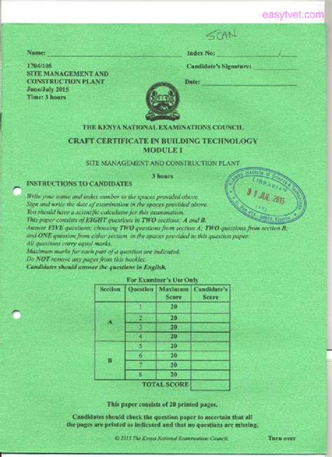 SITE MANAGEMENT AND CONSTRUCTION PLANT - CRAFT CERTIFICATE PAST PAPER ...