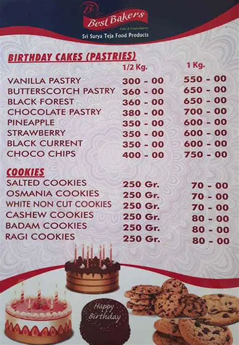 Menu at Best Bakers, Visakhapatnam