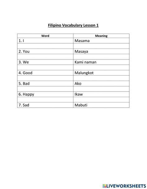 Image result for Tagalog Words Worksheet