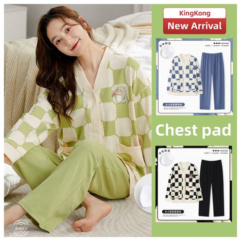 Chest Pad Pyjamas Women Cotton Sleepwear Woman Long sleeves Pajamas ...