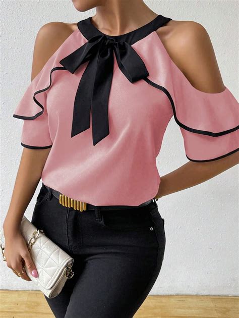 Rafferiza Women's Color Block Off Shoulder Short Sleeve Casual Blouse ...