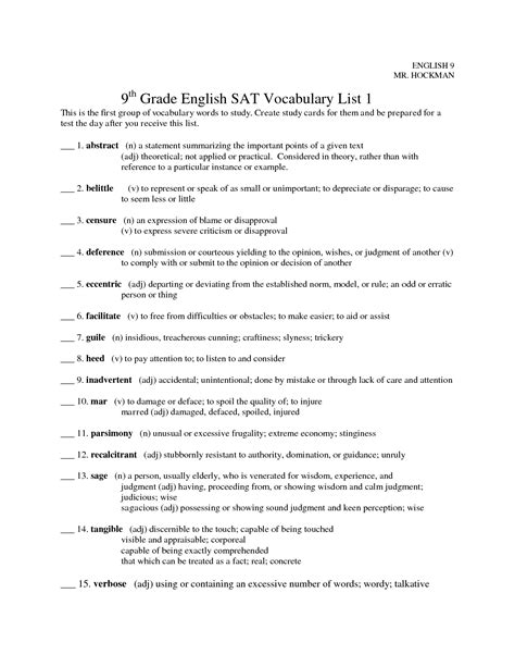 9Th Grade Vocabulary Worksheets - Printable Calendars AT A GLANCE