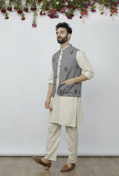 Set of 3 - Safeda Cotton Kurta & Pyjama with Grey Nehru Jacket – TJORI