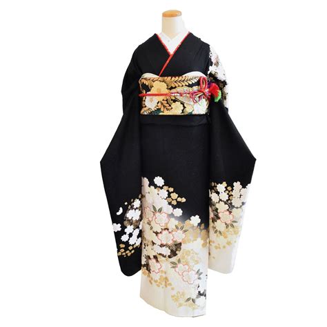 振袖 レンタル フルセット M〜Lサイズ 黒地 桜文様 振袖 【KIMONO梅千代】 umef-0002 | kimono梅千代【BASE】店