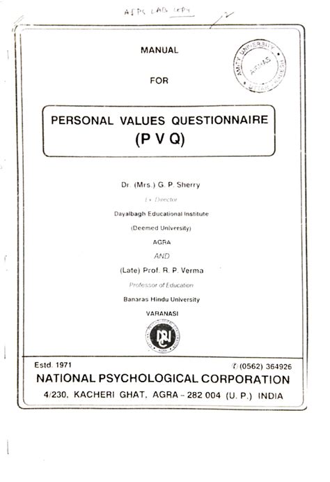 Manual FOR Personal Value Questionnaire - Introduction To Psychology ...