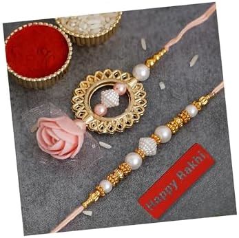 Buy eCraftIndia Golden, Peach & White Designer Bhaiya Bhabhi Rakhi Set ...