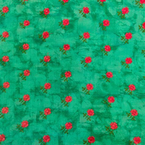 Glazed Cotton Green Abstract With Tiny Rose Flower Embroidered Motif F ...