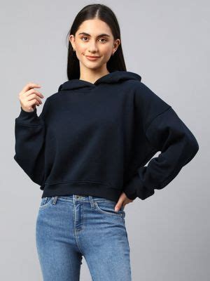 Buy Xpose Women Navy Crop Hooded Sweatshirt Online