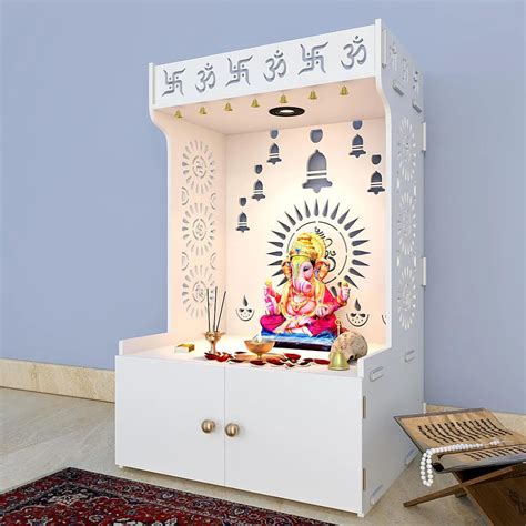 HomScape Divine Wooden White Home Temple with Spacious Shelf inbuilt ...