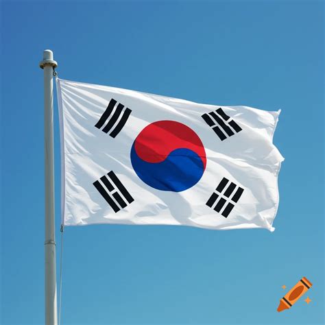 South Korean flag flying against a blue sky. on Craiyon