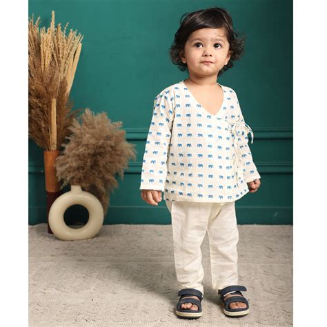 Polka Tots Full Sleeve Elephant Print Front Open Angrakha Kedia Pant S ...