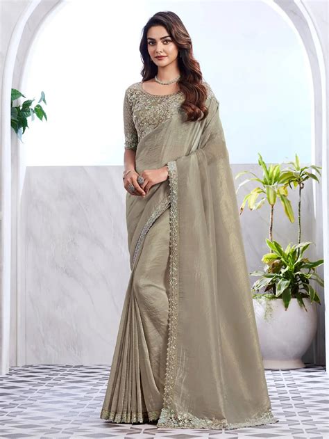Shop Light Olive Green Embroidered Shimmer Silk Saree Online At Zeel ...