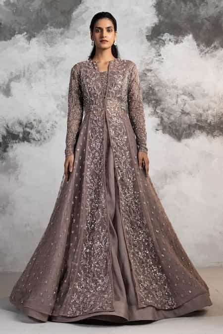 Buy Purple Organza, Net Floral Pattern Jacket V Neck Embroidered ...