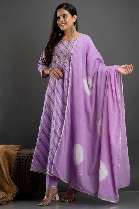 Buy Purple Lehriya Anarkali Heavy Work Kurta With Trousers and Dupatta ...