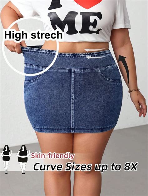 SHEIN CURVE+ Oversized Blue Denim Skirt Comfortable Stretch Denim ...