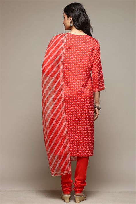 Red Viscose Straight Kurta Churidar Suit Set