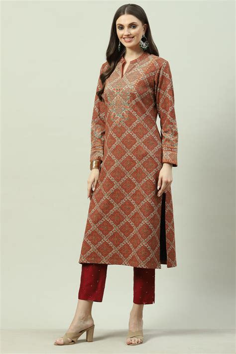 Orange Acrylic Straight Printed Kurta at Biba India