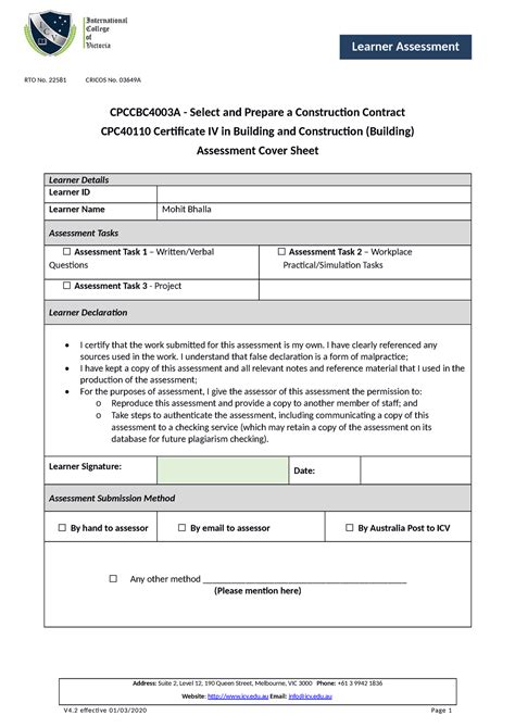 Cpccbc 4003A Learner Assessment V4 - RTO No. 22581 CRICOS No. 03649A ...