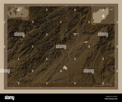 Ghazni, province of Afghanistan. Elevation map colored in sepia tones with lakes and rivers ...