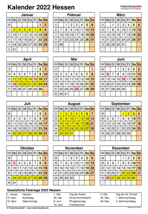 Kalender 2022 Hessen: Ferien, Feiertage, Word-Vorlagen