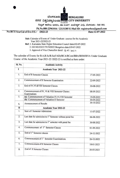 Calendar of events of UG course for the academic year 2021-22 and 2022 ...