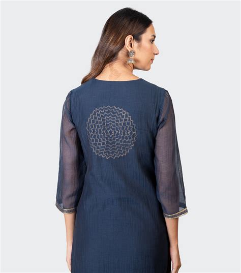 Navy Blue Zari Embroidered Chanderi Kurta with Cotton Pants and Chiffo ...